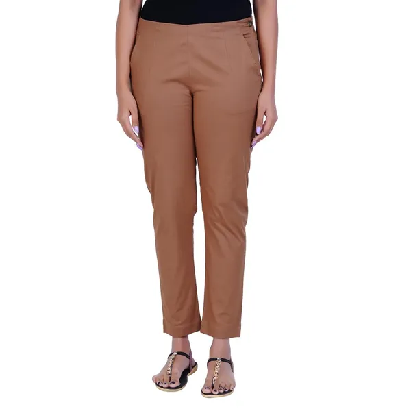 Chocolate_Brown_Ultra_Soft_Stretchable_Lycra_Cotton_Trousers_Pant_For_Women,_Half-Elasticated_Waist,_Side_Zipper_&_Pocket,_Straight_Fit_Formal_Wear_For_Regular_Office,_Work,_College_&_Daily_Casual_Use