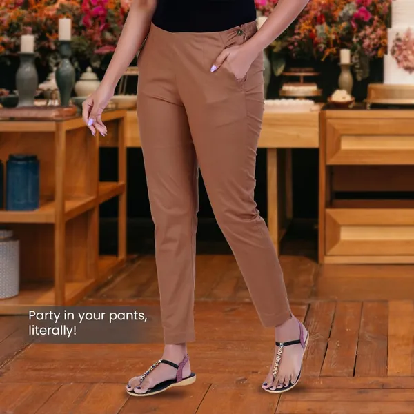 Chocolate_Brown_Ultra_Soft_Stretchable_Lycra_Cotton_Trousers_Pant_For_Women,_Half-Elasticated_Waist,_Side_Zipper_&_Pocket,_Straight_Fit_Formal_Wear_For_Regular_Office,_Work,_College_&_Daily_Casual_Use
