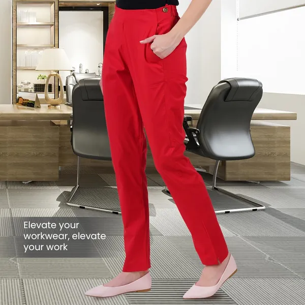 Chilly_Red_Ultra_Soft_Stretchable_Lycra_Cotton_Trousers_Pant_For_Women,_Half-Elasticated_Waist,_Side_Zipper_&_Pocket,_Straight_Fit_Formal_Wear_For_Regular_Office,_Work,_College_&_Daily_Casual_Use