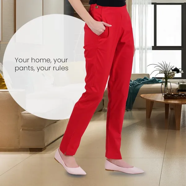 Chilly_Red_Ultra_Soft_Stretchable_Lycra_Cotton_Trousers_Pant_For_Women,_Half-Elasticated_Waist,_Side_Zipper_&_Pocket,_Straight_Fit_Formal_Wear_For_Regular_Office,_Work,_College_&_Daily_Casual_Use