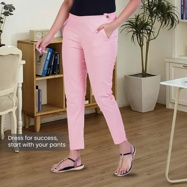 Peach_Pink_Ultra_Soft_Stretchable_Lycra_Cotton_Trousers_Pant_For_Women,_Half-Elasticated_Waist,_Side_Zipper_&_Pocket,_Straight_Fit_Formal_Wear_For_Regular_Office,_Work,_College_&_Daily_Casual_Use