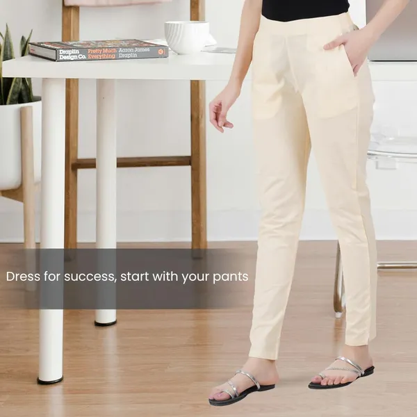 Cream_Ultra_Soft_Stretchable_Lycra_Cotton_Trousers_Pant_For_Women,_Half-Elasticated_Waist,_Side_Zipper_&_Pocket,_Straight_Fit_Formal_Wear_For_Regular_Office,_Work,_College_&_Daily_Casual_Use