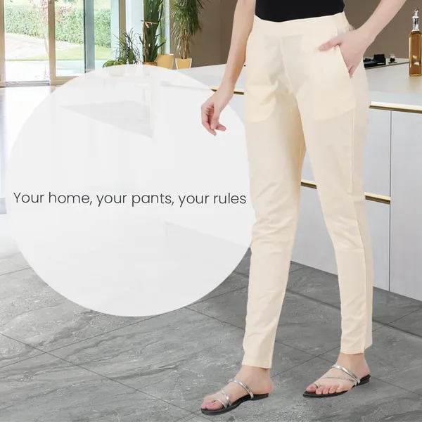 Cream_Ultra_Soft_Stretchable_Lycra_Cotton_Trousers_Pant_For_Women,_Half-Elasticated_Waist,_Side_Zipper_&_Pocket,_Straight_Fit_Formal_Wear_For_Regular_Office,_Work,_College_&_Daily_Casual_Use