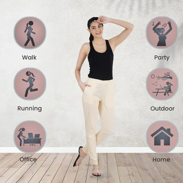 Cream_Ultra_Soft_Stretchable_Lycra_Cotton_Trousers_Pant_For_Women,_Half-Elasticated_Waist,_Side_Zipper_&_Pocket,_Straight_Fit_Formal_Wear_For_Regular_Office,_Work,_College_&_Daily_Casual_Use