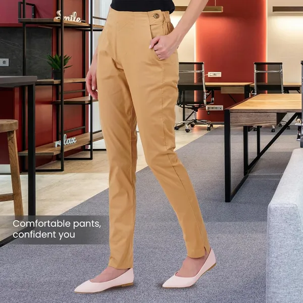 Tan_Ultra_Soft_Stretchable_Lycra_Cotton_Trousers_Pant_For_Women,_Half-Elasticated_Waist,_Side_Zipper_&_Pocket,_Straight_Fit_Formal_Wear_For_Regular_Office,_Work,_College_&_Daily_Casual_Use