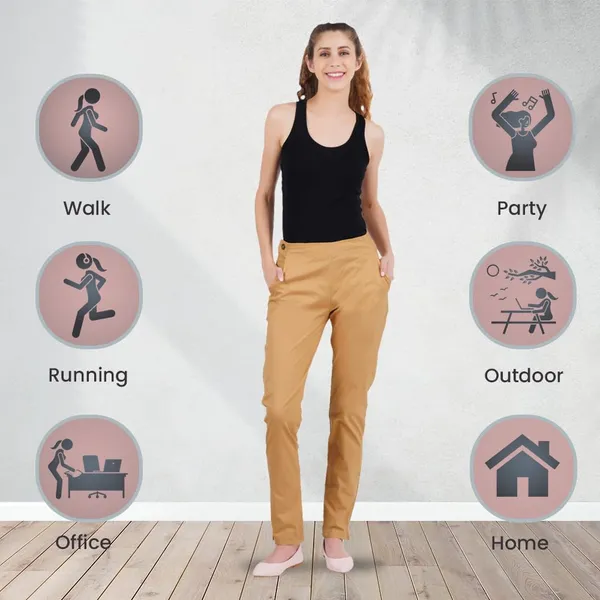 Tan_Ultra_Soft_Stretchable_Lycra_Cotton_Trousers_Pant_For_Women,_Half-Elasticated_Waist,_Side_Zipper_&_Pocket,_Straight_Fit_Formal_Wear_For_Regular_Office,_Work,_College_&_Daily_Casual_Use