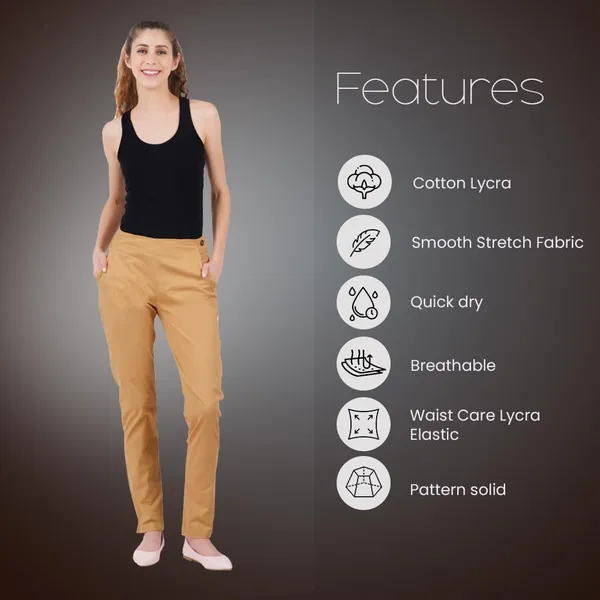 Tan_Ultra_Soft_Stretchable_Lycra_Cotton_Trousers_Pant_For_Women,_Half-Elasticated_Waist,_Side_Zipper_&_Pocket,_Straight_Fit_Formal_Wear_For_Regular_Office,_Work,_College_&_Daily_Casual_Use