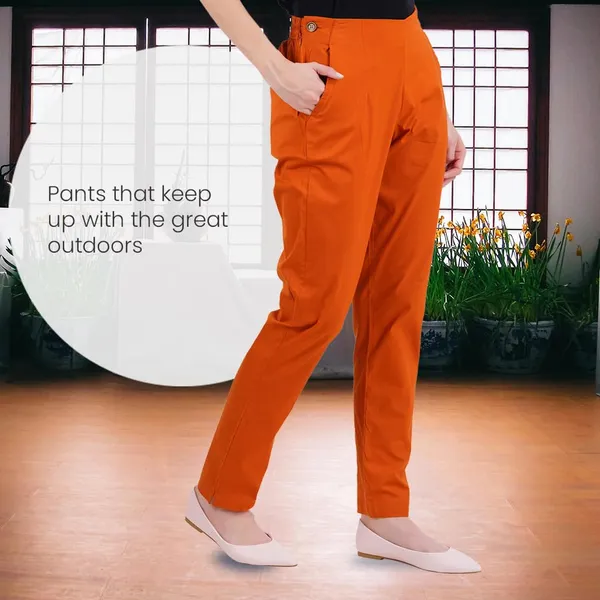 Burnt_Orange_Ultra_Soft_Stretchable_Lycra_Cotton_Trousers_Pant_For_Women,_Half-Elasticated_Waist,_Side_Zipper_&_Pocket,_Straight_Fit_Formal_Wear_For_Regular_Office,_Work,_College_&_Daily_Casual_Use