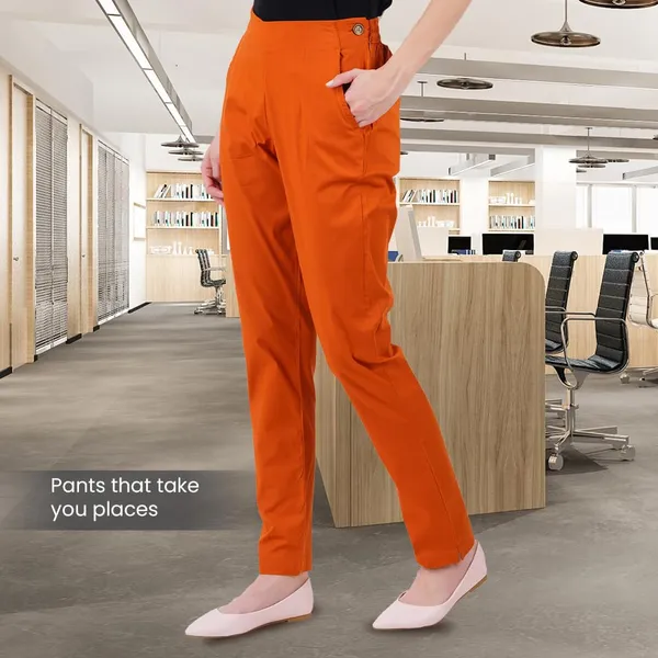 Burnt_Orange_Ultra_Soft_Stretchable_Lycra_Cotton_Trousers_Pant_For_Women,_Half-Elasticated_Waist,_Side_Zipper_&_Pocket,_Straight_Fit_Formal_Wear_For_Regular_Office,_Work,_College_&_Daily_Casual_Use