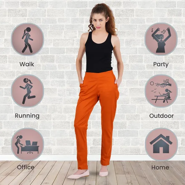Burnt_Orange_Ultra_Soft_Stretchable_Lycra_Cotton_Trousers_Pant_For_Women,_Half-Elasticated_Waist,_Side_Zipper_&_Pocket,_Straight_Fit_Formal_Wear_For_Regular_Office,_Work,_College_&_Daily_Casual_Use