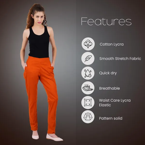 Burnt_Orange_Ultra_Soft_Stretchable_Lycra_Cotton_Trousers_Pant_For_Women,_Half-Elasticated_Waist,_Side_Zipper_&_Pocket,_Straight_Fit_Formal_Wear_For_Regular_Office,_Work,_College_&_Daily_Casual_Use