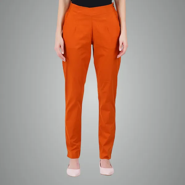 Burnt_Orange_Ultra_Soft_Stretchable_Lycra_Cotton_Trousers_Pant_For_Women,_Half-Elasticated_Waist,_Side_Zipper_&_Pocket,_Straight_Fit_Formal_Wear_For_Regular_Office,_Work,_College_&_Daily_Casual_Use