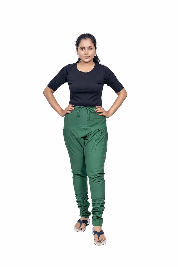 Dark_Green_Women_Cotton_Churidar/Gathering_Pant_With_Dupatta_Set_-Solid_Ethnic_Sleek_Ankle_-Regular_Fit-Office_|_Outdoor_Wear