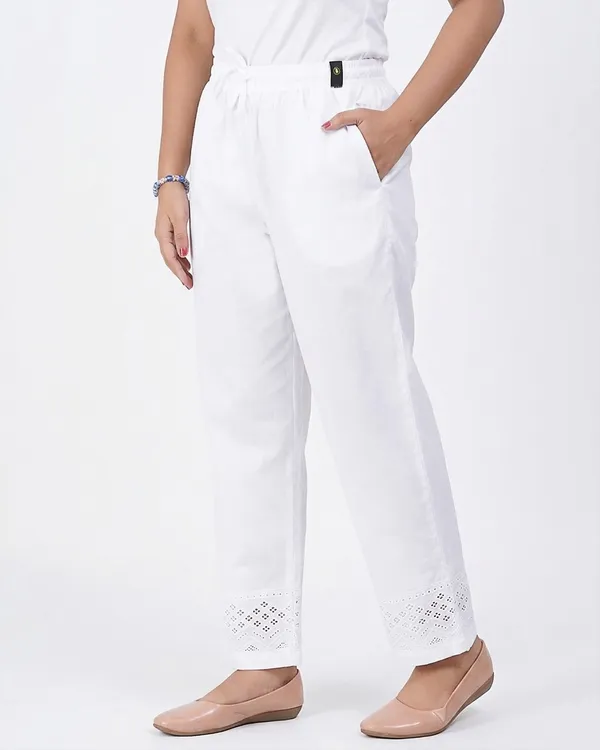 Happy_Bunny_Women's_100%_Cotton_Ethinic_Parallel_Pants_-_Embroidered_Lace_Hem_Ankle_Length_Trousers,_Comfortable_Elastic_Drawstring_Waist_with_Pockets,_Stylish_Casual_&_Formal_Wear