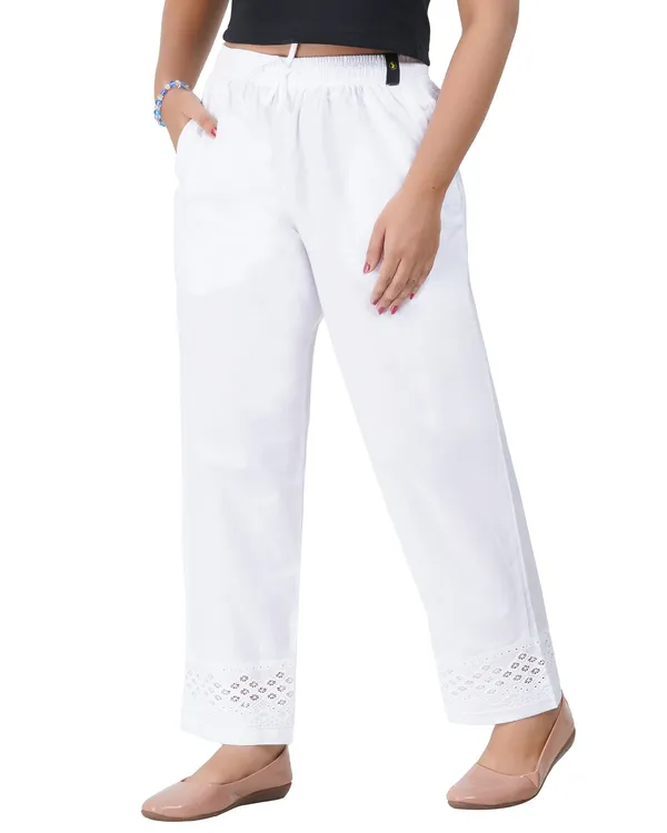 Happy_Bunny_Women's_100%_Cotton_Ethinic_Parallel_Pants_-_Embroidered_Lace_Hem_Ankle_Length_Trousers,_Comfortable_Elastic_Drawstring_Waist_with_Pockets,_Stylish_Casual_&_Formal_Wear