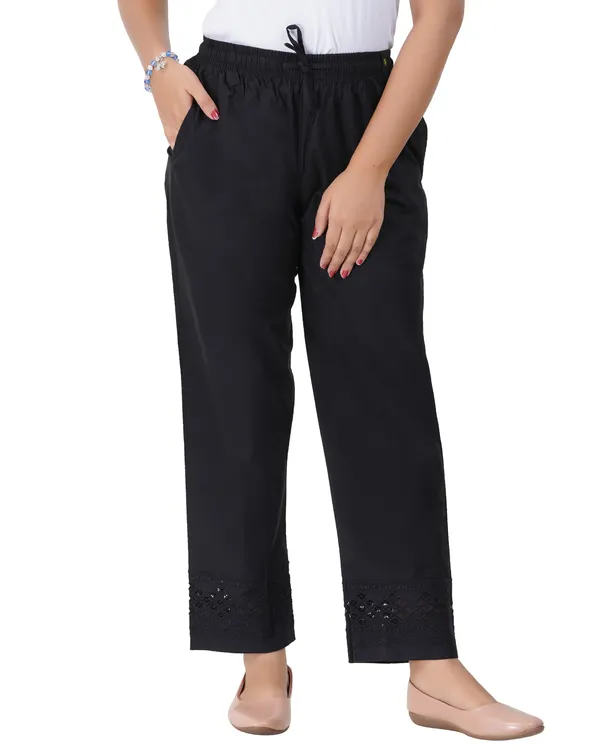 Happy_Bunny_Women's_100%_Cotton_Ethinic_Parallel_Pants_-_Embroidered_Lace_Hem_Ankle_Length_Trousers,_Comfortable_Elastic_Drawstring_Waist_with_Pockets,_Stylish_Casual_&_Formal_Wear