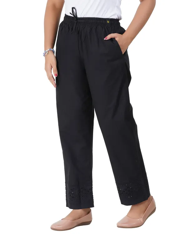 Happy_Bunny_Women's_100%_Cotton_Ethinic_Parallel_Pants_-_Embroidered_Lace_Hem_Ankle_Length_Trousers,_Comfortable_Elastic_Drawstring_Waist_with_Pockets,_Stylish_Casual_&_Formal_Wear