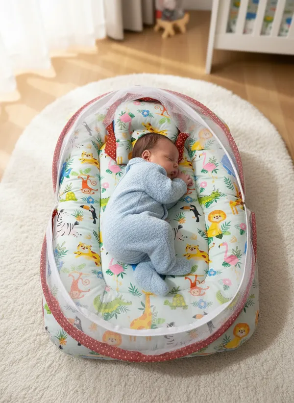 Multicolor_Mosquito_Net_Tent_Mattress_Set_With_Neck_Pillow_Jungle_Print