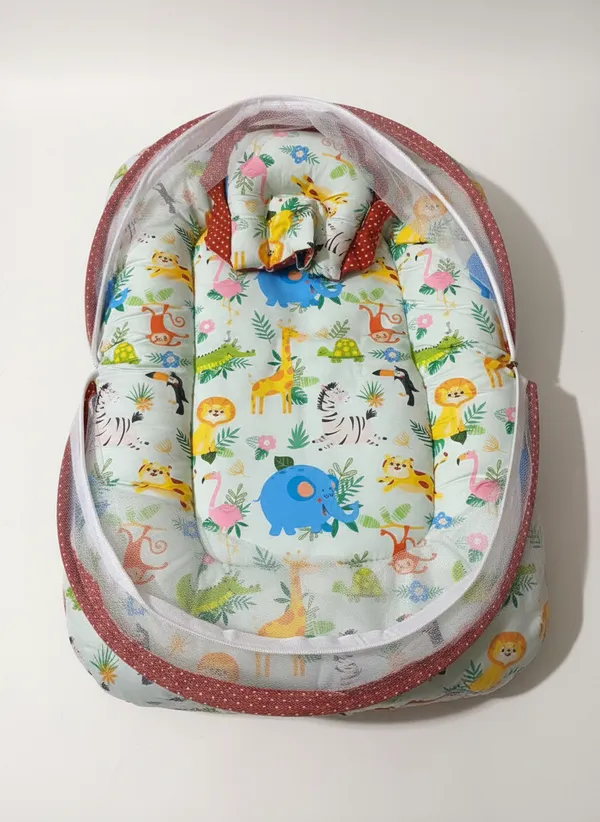 Multicolor_Mosquito_Net_Tent_Mattress_Set_With_Neck_Pillow_Jungle_Print