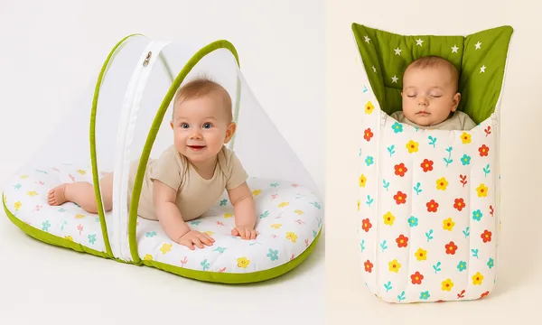 Green_Pure_Cotton_&_Gentle_Comfort_Nest_Cum_Bed_&_Floral_Nest_Bed_With_Mosquito_Net_For_Baby_Pack_Of_2