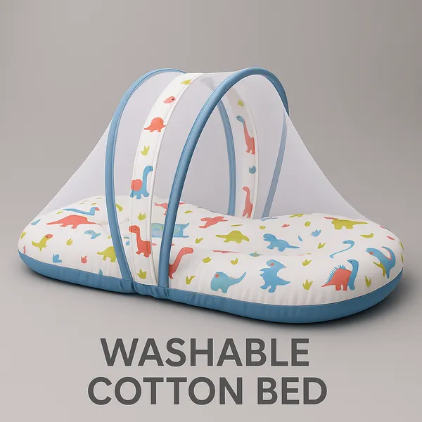 Blue_Blue_Dino_Print_Nest_Bed_With_Mosquito_Net_For_Baby
