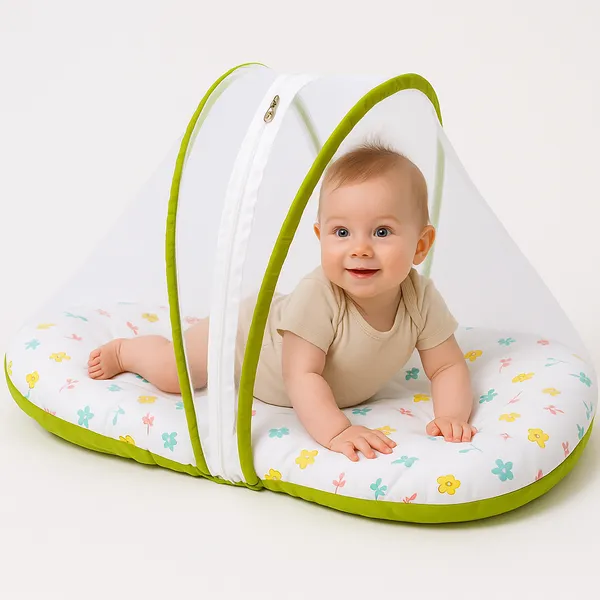 Green_Floral_Pure_Cotton_&_Gentle_Comfort_Nest_Bed_With_Mosquito_Net_For_Baby
