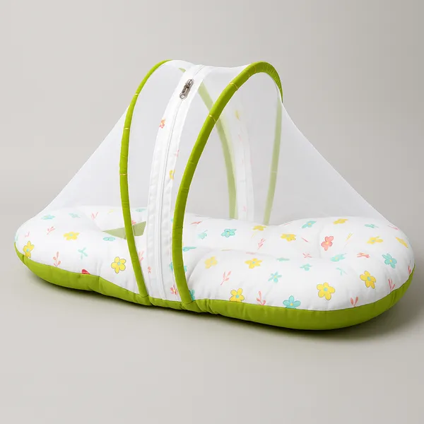 Green_Floral_Pure_Cotton_&_Gentle_Comfort_Nest_Bed_With_Mosquito_Net_For_Baby