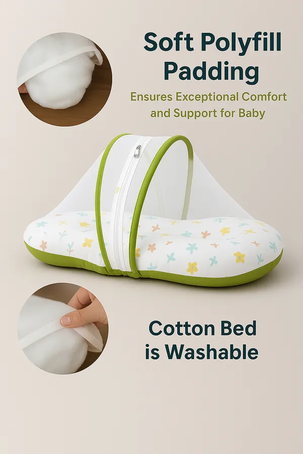 Green_Floral_Pure_Cotton_&_Gentle_Comfort_Nest_Bed_With_Mosquito_Net_For_Baby