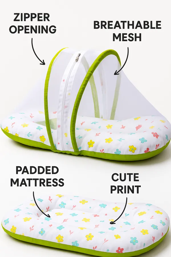Green_Floral_Pure_Cotton_&_Gentle_Comfort_Nest_Bed_With_Mosquito_Net_For_Baby