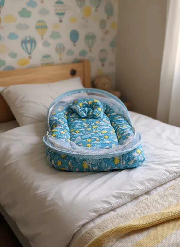 Blue_Mosquito_Net_Tent_Mattress_Set_With_Neck_Pillow_Sky_Print