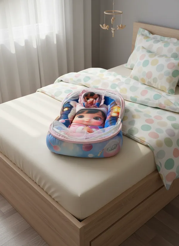 Pink_Mosquito_Net_Tent_Mattress_Set_With_Neck_Pillow_Girl_Print