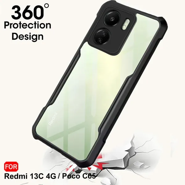 Bumper_Black_Shockproof_Bumper_Crystal__Back_Case_Cover_Compatible_With_Xiaomi_Redmi_13C_4G_/_Poco_C65__Minimalist_Pc+Tpu_360_Protection_Tough_Rugged_Design