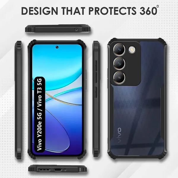 Bumper_Black_Shockproof_Bumper_Crystal__Back_Case_Cover_Compatible_With_Vivo_Y200E_5G_/_Vivo_T3_5G__Minimalist_Pc+Tpu_360_Protection_Tough_Rugged_Design