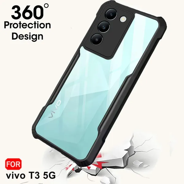 Bumper_Black_Shockproof_Bumper_Crystal__Back_Case_Cover_Compatible_With_Vivo_Y200E_5G_/_Vivo_T3_5G__Minimalist_Pc+Tpu_360_Protection_Tough_Rugged_Design