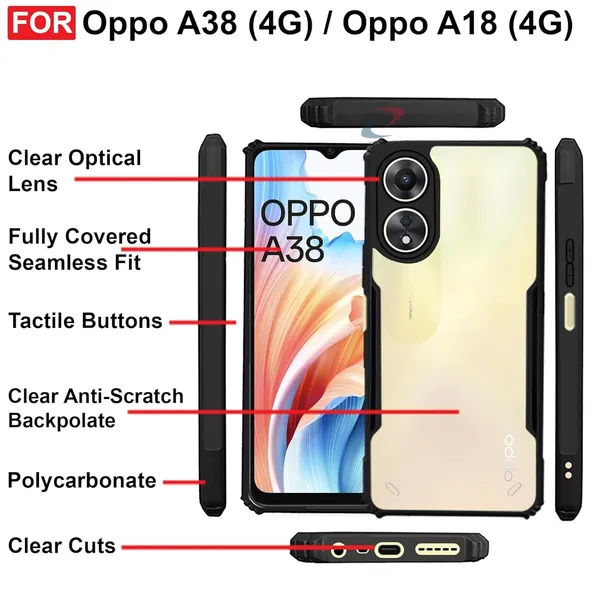 Bumper_Black_Shockproof_Bumper_Crystal__Back_Case_Cover_Compatible_With_Oppo_A38_4G_/_Oppo_A18_4G__Minimalist_Pc+Tpu_360_Protection_Tough_Rugged_Design