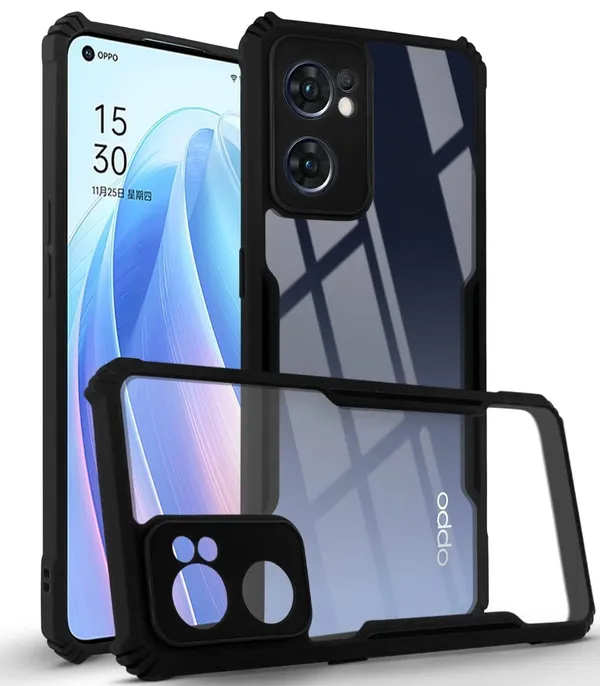 Bumper_Black_Shockproof_Bumper_Crystal__Back_Case_Cover_Compatible_With_Oppo_Reno7_5G_/_Reno_7_5G__Minimalist_Pc+Tpu_360_Protection_Tough_Rugged_Design
