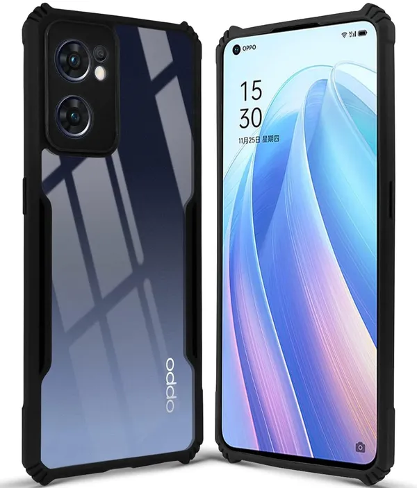Bumper_Black_Shockproof_Bumper_Crystal__Back_Case_Cover_Compatible_With_Oppo_Reno7_5G_/_Reno_7_5G__Minimalist_Pc+Tpu_360_Protection_Tough_Rugged_Design