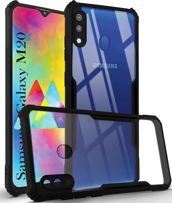 Bumper_Black_Shockproof_Bumper_Crystal__Back_Case_Cover_Compatible_With_Samsung_Galaxy_M20__Minimalist_Pc+Tpu_360_Protection_Tough_Rugged_Design