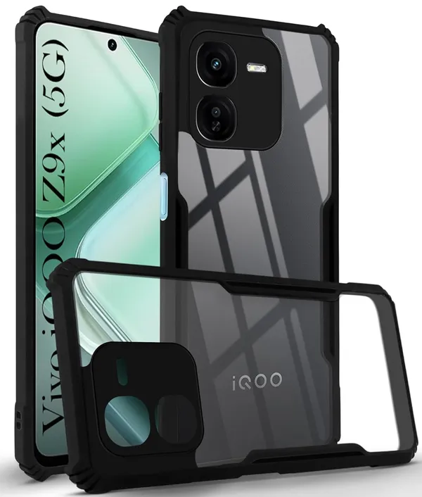 Bumper_Black_Shockproof_Bumper_Crystal__Back_Case_Cover_Compatible_With_Iqoo_Z9X_5G__Minimalist_Pc+Tpu_360_Protection_Tough_Rugged_Design