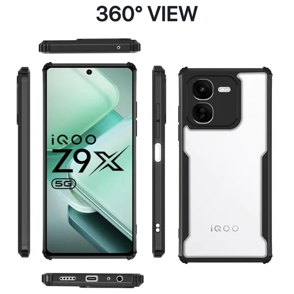 Bumper_Black_Shockproof_Bumper_Crystal__Back_Case_Cover_Compatible_With_Iqoo_Z9X_5G__Minimalist_Pc+Tpu_360_Protection_Tough_Rugged_Design