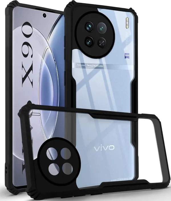 Bumper_Black_Shockproof_Bumper_Crystal__Back_Case_Cover_Compatible_With_Vivo_X90_5G__Minimalist_Pc+Tpu_360_Protection_Tough_Rugged_Design