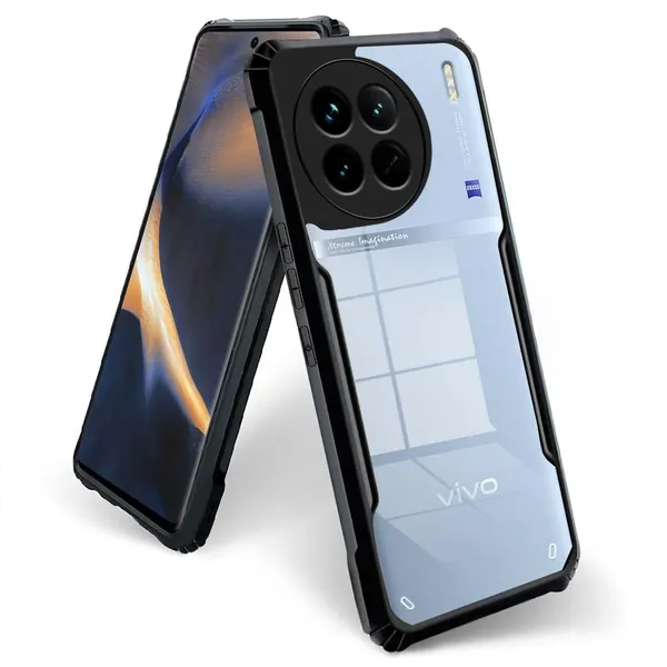Bumper_Black_Shockproof_Bumper_Crystal__Back_Case_Cover_Compatible_With_Vivo_X90_5G__Minimalist_Pc+Tpu_360_Protection_Tough_Rugged_Design