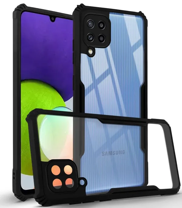 Black_Shockproof_Bumper_Crystal__Back_Case_Cover_Compatible_With_Samsung_Galaxy_M32_4G_/_F22_4G__Minimalist_Pc+Tpu_360_Protection_Tough_Rugged_Design