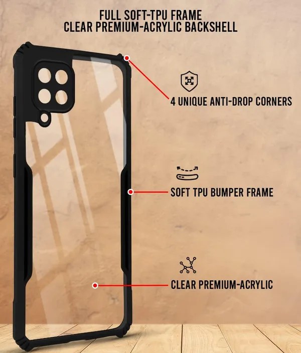Black_Shockproof_Bumper_Crystal__Back_Case_Cover_Compatible_With_Samsung_Galaxy_M32_4G_/_F22_4G__Minimalist_Pc+Tpu_360_Protection_Tough_Rugged_Design