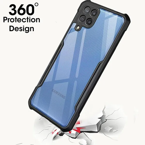 Black_Shockproof_Bumper_Crystal__Back_Case_Cover_Compatible_With_Samsung_Galaxy_M32_4G_/_F22_4G__Minimalist_Pc+Tpu_360_Protection_Tough_Rugged_Design