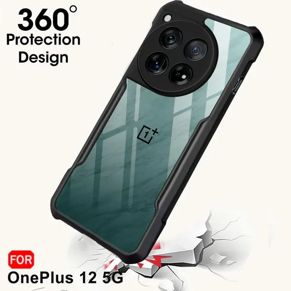 Bumper_Black_Shockproof_Bumper_Crystal__Back_Case_Cover_Compatible_With_Oneplus_12_5G_/_1+_12_5G__Minimalist_Pc+Tpu_360_Protection_Tough_Rugged_Design