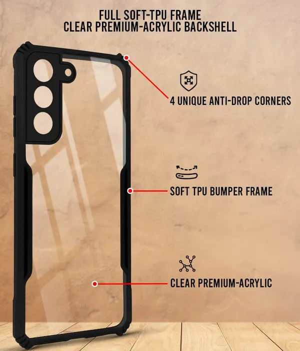 Bumper_Black_Shockproof_Bumper_Crystal__Back_Case_Cover_Compatible_With_Samsung_Galaxy_S21_Fe_5G__Minimalist_Pc+Tpu_360_Protection_Tough_Rugged_Design