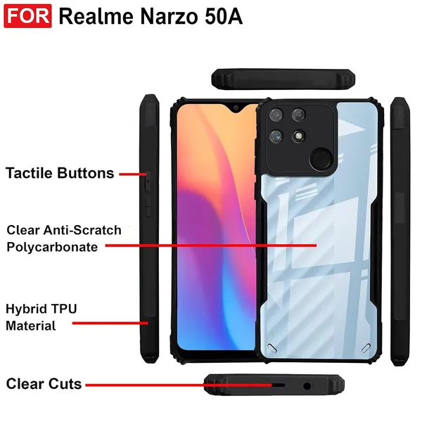 Bumper_Black_Shockproof_Bumper_Crystal__Back_Case_Cover_Compatible_With_Realme_Narzo_50A__Minimalist_Pc+Tpu_360_Protection_Tough_Rugged_Design