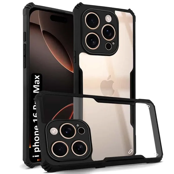 Bumper_Black_Shockproof_Bumper_Crystal__Back_Case_Cover_Compatible_With_Iphone_16_Pro_Max__Minimalist_Pc+Tpu_360_Protection_Tough_Rugged_Design