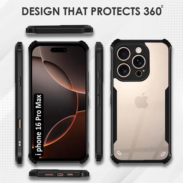 Bumper_Black_Shockproof_Bumper_Crystal__Back_Case_Cover_Compatible_With_Iphone_16_Pro_Max__Minimalist_Pc+Tpu_360_Protection_Tough_Rugged_Design